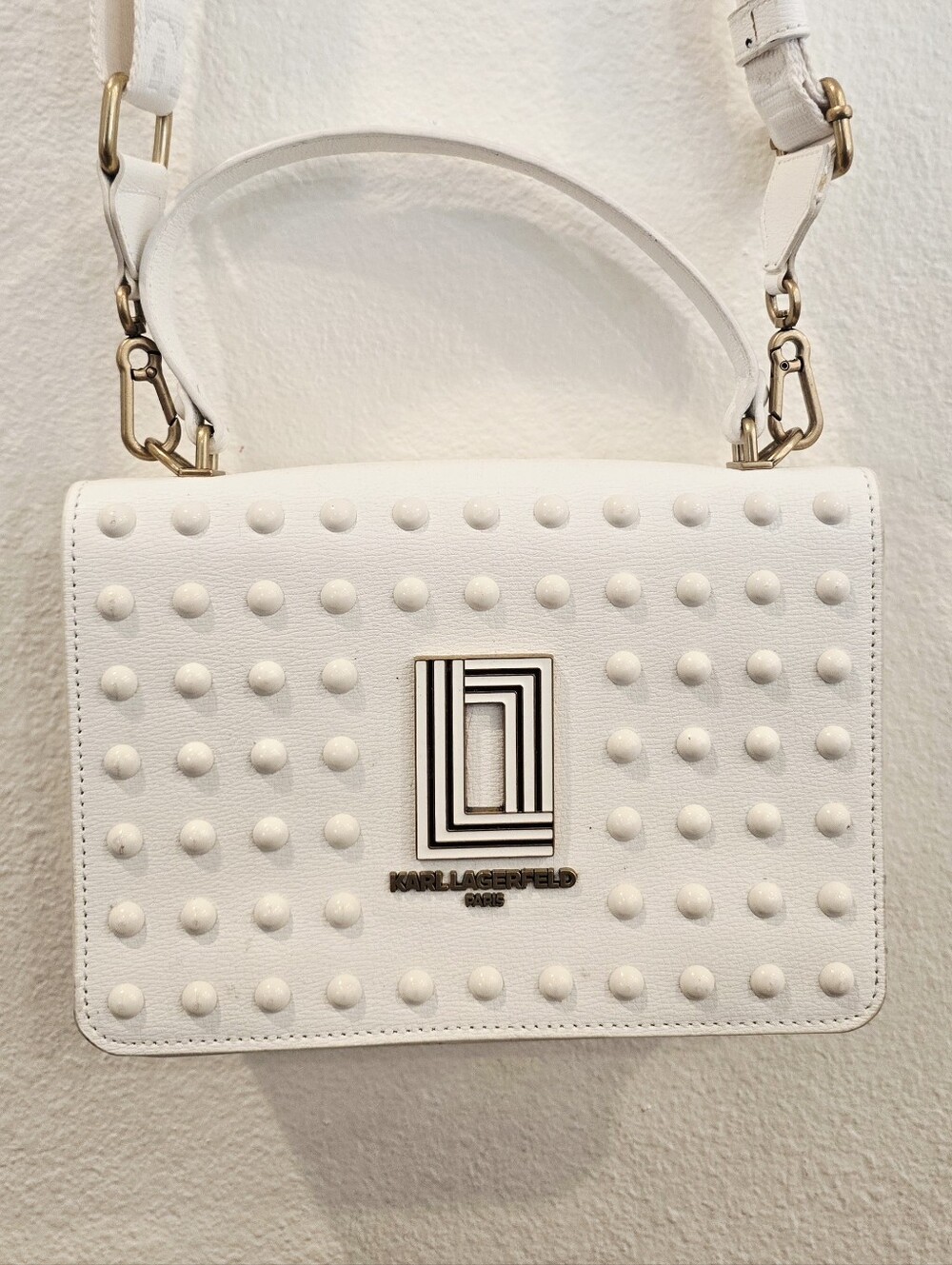 KARL LAGERFELD White Studded Leather Shoulder Bag with Gold Hardware NWOT